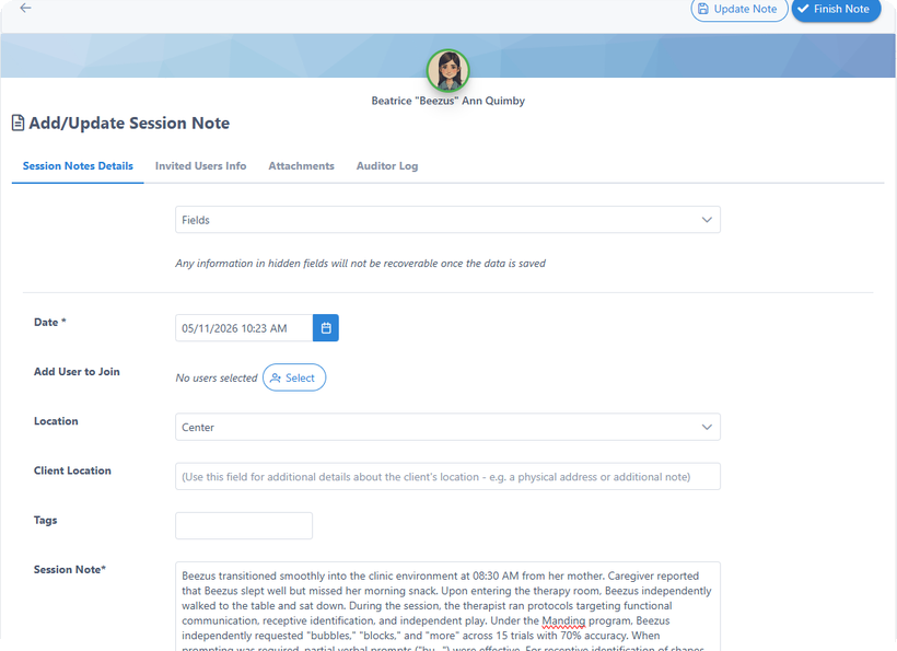 Add or update a session note with structured fields and clinical narrative