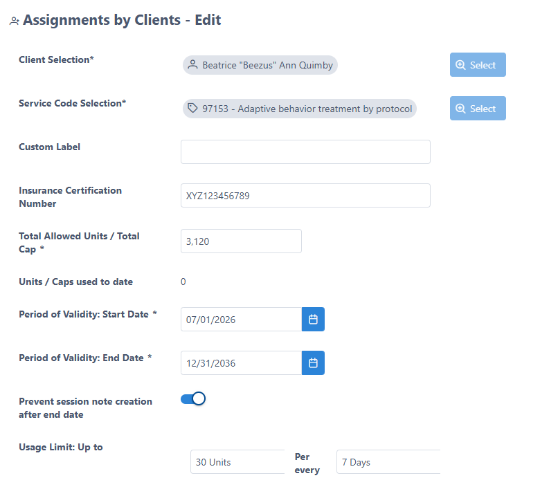 Assign service code to a client with insurance certification number, unit cap, and validity period
