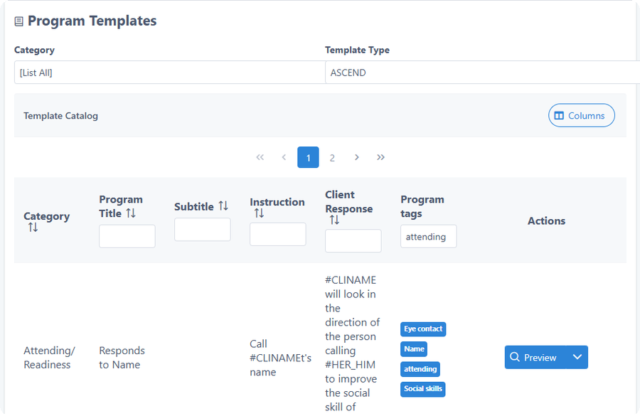Program Templates catalog filtered to ASCEND