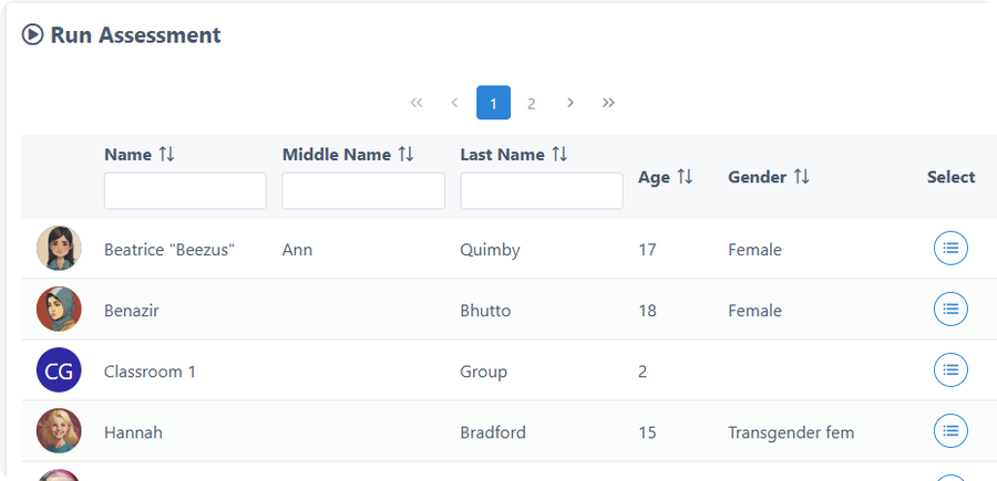 Run Assessment screen listing clients to select