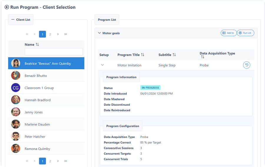 Run Program screen: client selection with program configuration and data acquisition settings