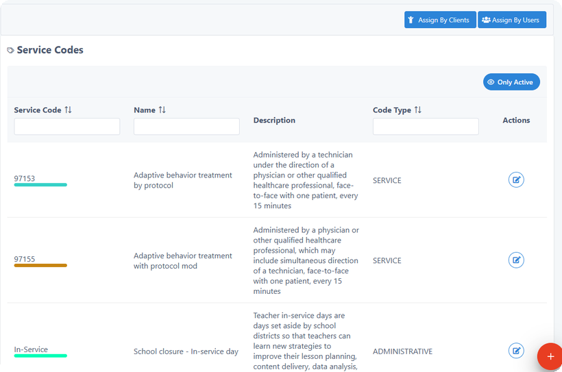Service Codes list showing CPT codes 97153 and 97155 with descriptions and code types