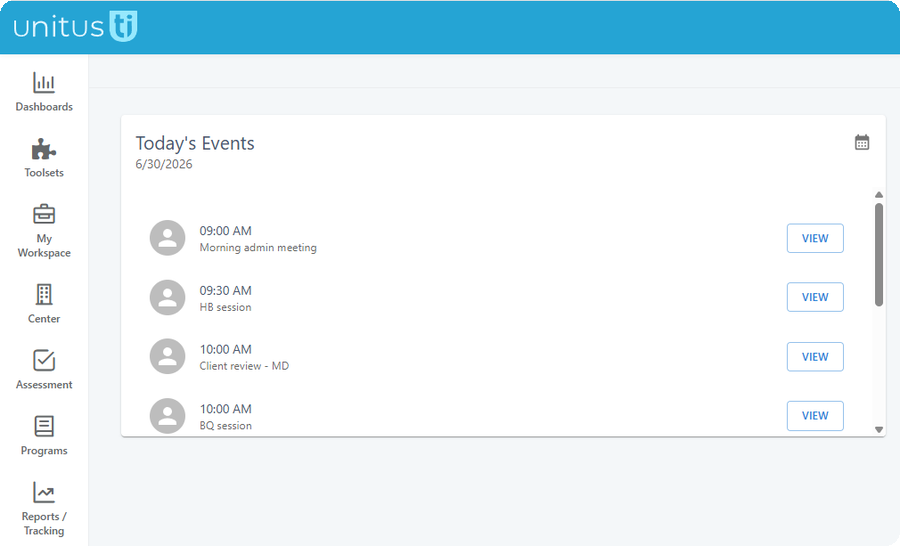 UnitusTI dashboard showing today's events and schedule