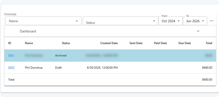 UnitusTI invoice list showing status, dates, and totals